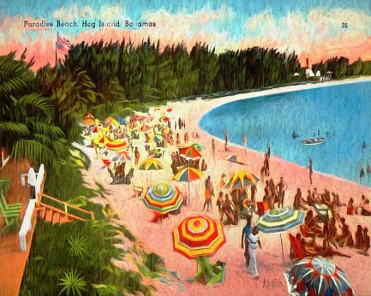 Vintage postcard showing a beach scene from Paradise Beach, Hog Island, the Bahamas.