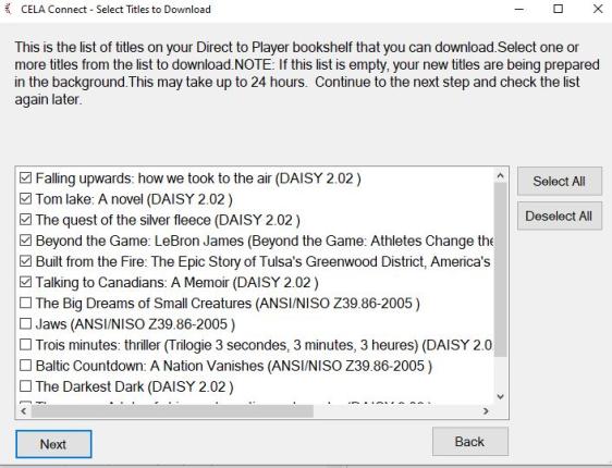 CELA Connect software showing books to add to Envoy Connect player.