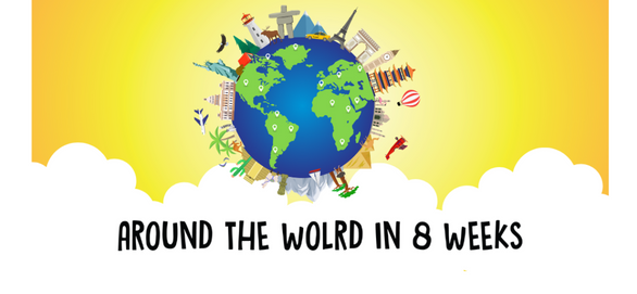 A globe surrounded by famous world landmarks. Underneath is the the text "Around the world in 8 weeks".