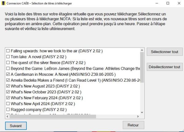 Capture d’écran de l’interface de sélection des titres à télécharger du logiciel Connexion CAÉB.