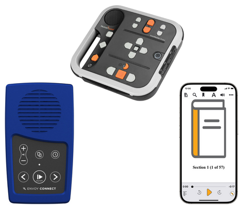 Un Envoy Connect, un Victor Stratus 4M et un iPhone avec l'application EasyReader ouverte sur son écran.