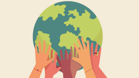 Dessin animé de mains tenant et soulevant la terre