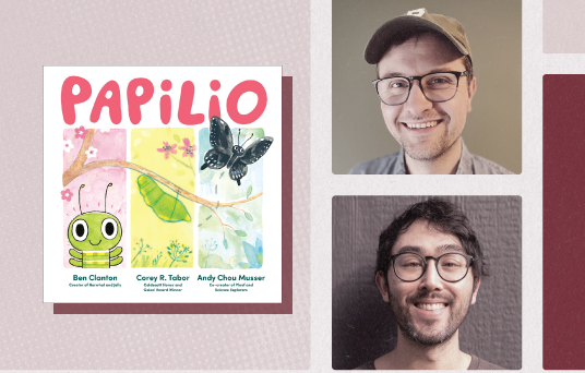 Book cover of Papilio with photograph of author and illustrator