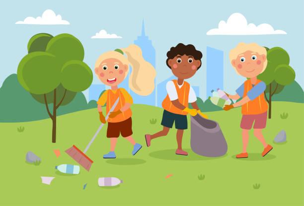 Un dessin animé d'enfants dans un parc en train de nettoyer les déchets.