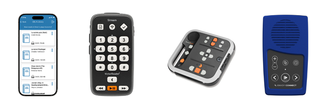 Quatre appareils d'affilée : un iPhone avec l'application EasyReader ouverte à l'écran, un appareil audio Victor Stream 3, un Victor Reader Stratus4 M et un appareil audio Envoy Connect.