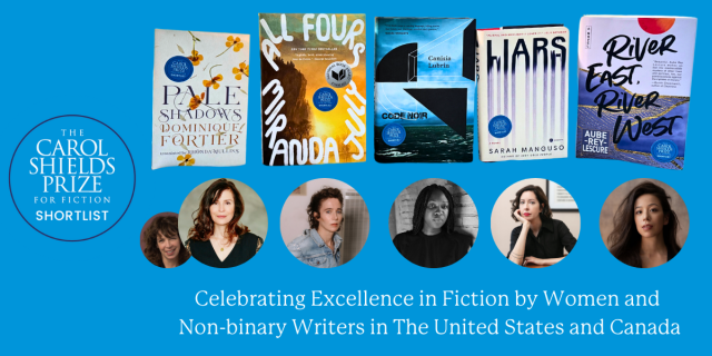 Book covers of shortlisted titles for the Carol Shields Prize for Fiction along with photographs of the authors