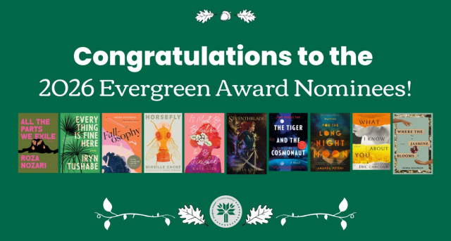 Book covers of the 2026 Evergreen Award nominees