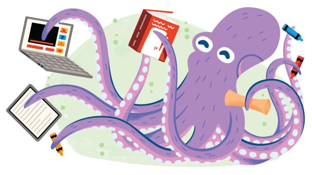 Une pieuvre présentant différents supports de lecture, comme un livre, un écran ou une tablette.